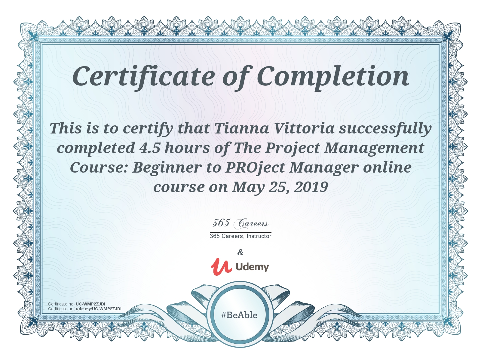 Beginner to PROject Manager Udemy Certificate of Completion